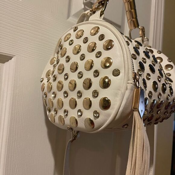 Off white small barrel Satchel/crossbody bag rose gold studs & jewels accents